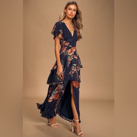 Lulus Midnight Mood Navy Blue Floral Print Tiered Maxi Dress Size Small NEW - Picture 2 of 13